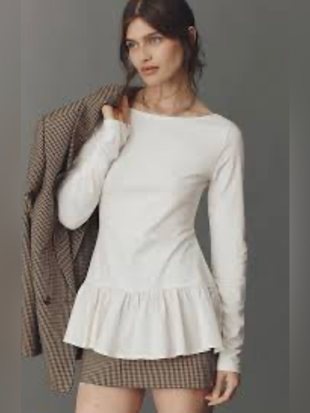 NWT* Maeve Long-Sleeve Peplum Top Shirt Anthropologie Ivory Pullover Crew Neck S